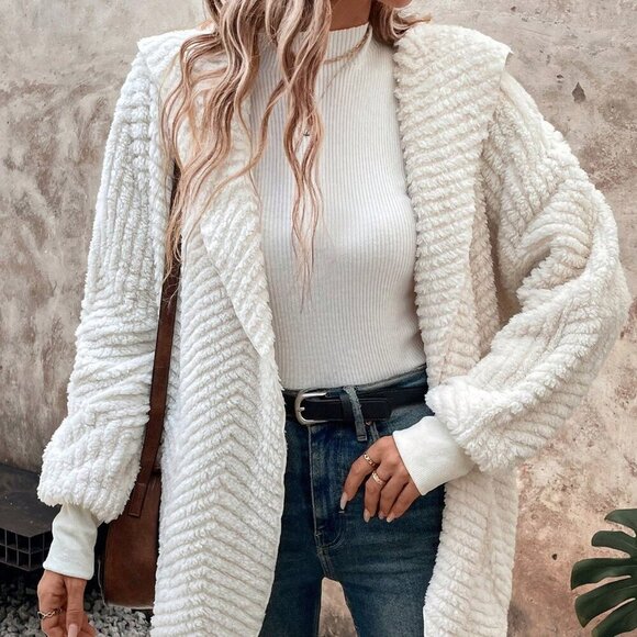 Apricot Casual Women's Waterfall Collar Open Front Teddy Coat - Picture 6 of 7